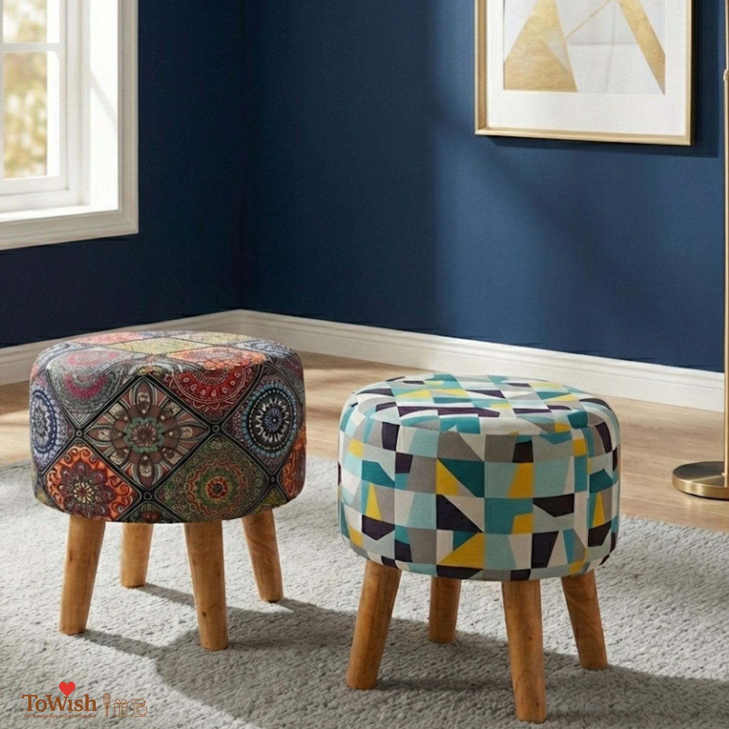 Warli Ottoman Stool - Set of 2 (Height-16" Inch x Diameter-16" Inch), Premium Quality