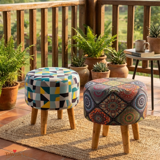 Warli Ottoman Stool - Set of 2 (Height-16" Inch x Diameter-16" Inch), Premium Quality