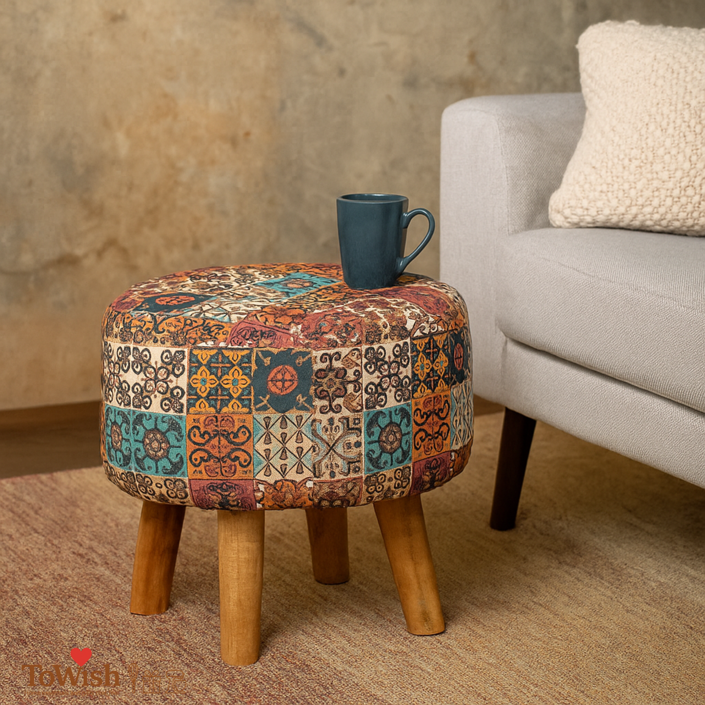 Warli Ottoman Stool - Printed (Height-17" Inch x Diameter-16" Inch), Premium Quality