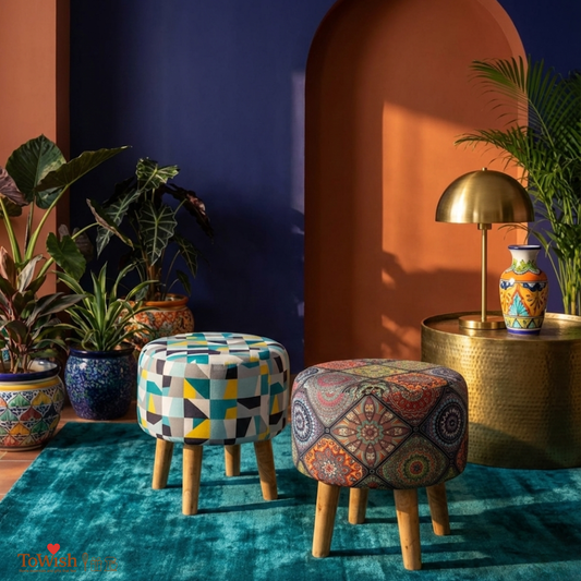 Warli Ottoman Stool - Set of 2 (Height-16" Inch x Diameter-16" Inch), Premium Quality