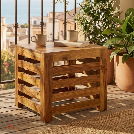 Premium Teak Wood Stool for Living Room, Handcrafted Antique Finish. Size - 41x41x41 cm