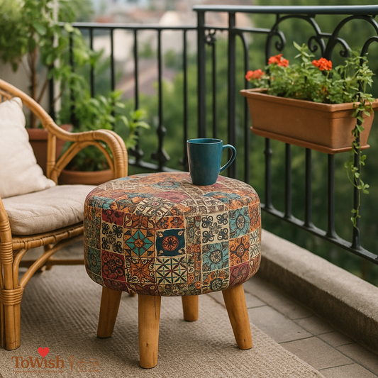 Warli Ottoman Stool - Printed (Height-17" Inch x Diameter-16" Inch), Premium Quality