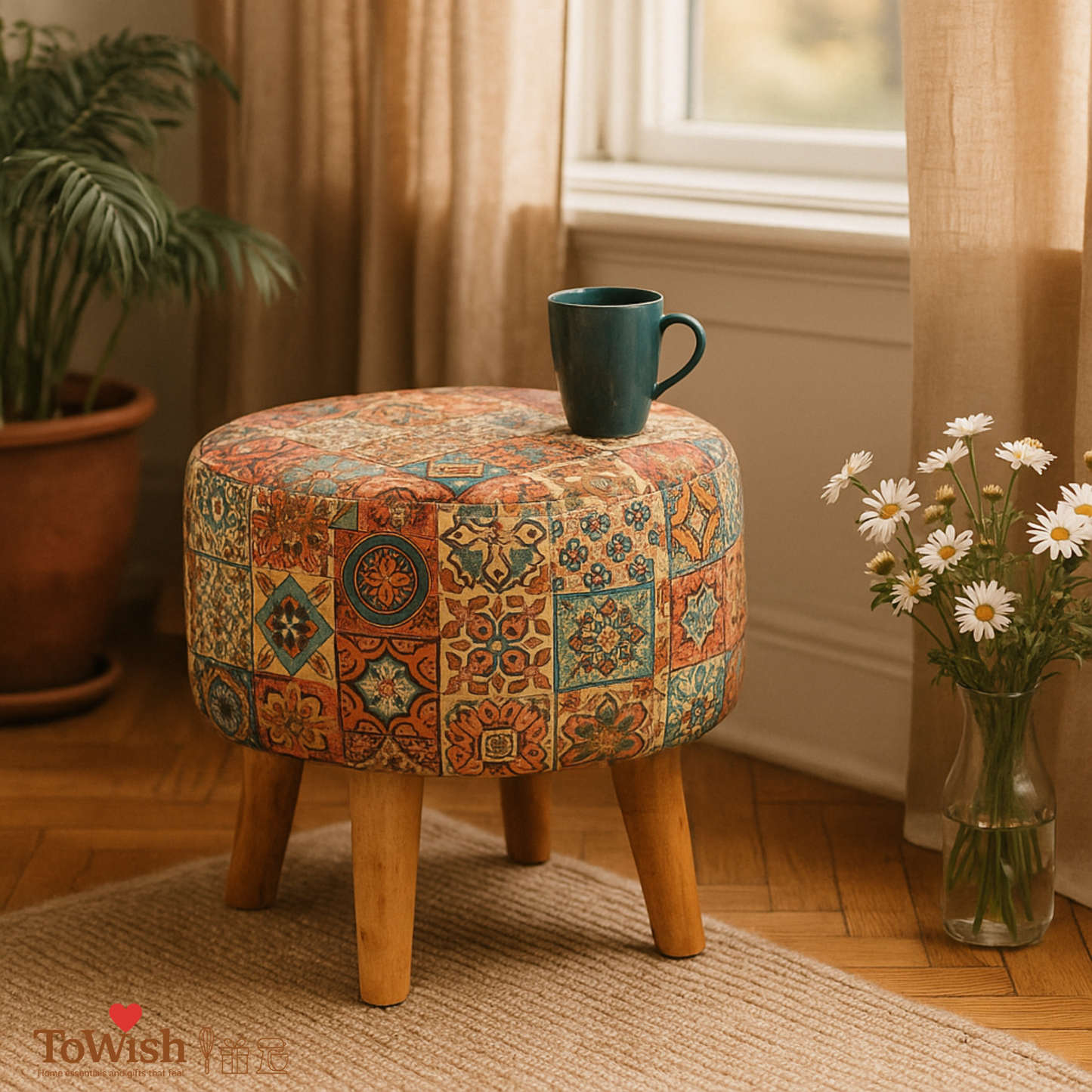 Warli Ottoman Stool - Printed (Height-17" Inch x Diameter-16" Inch), Premium Quality