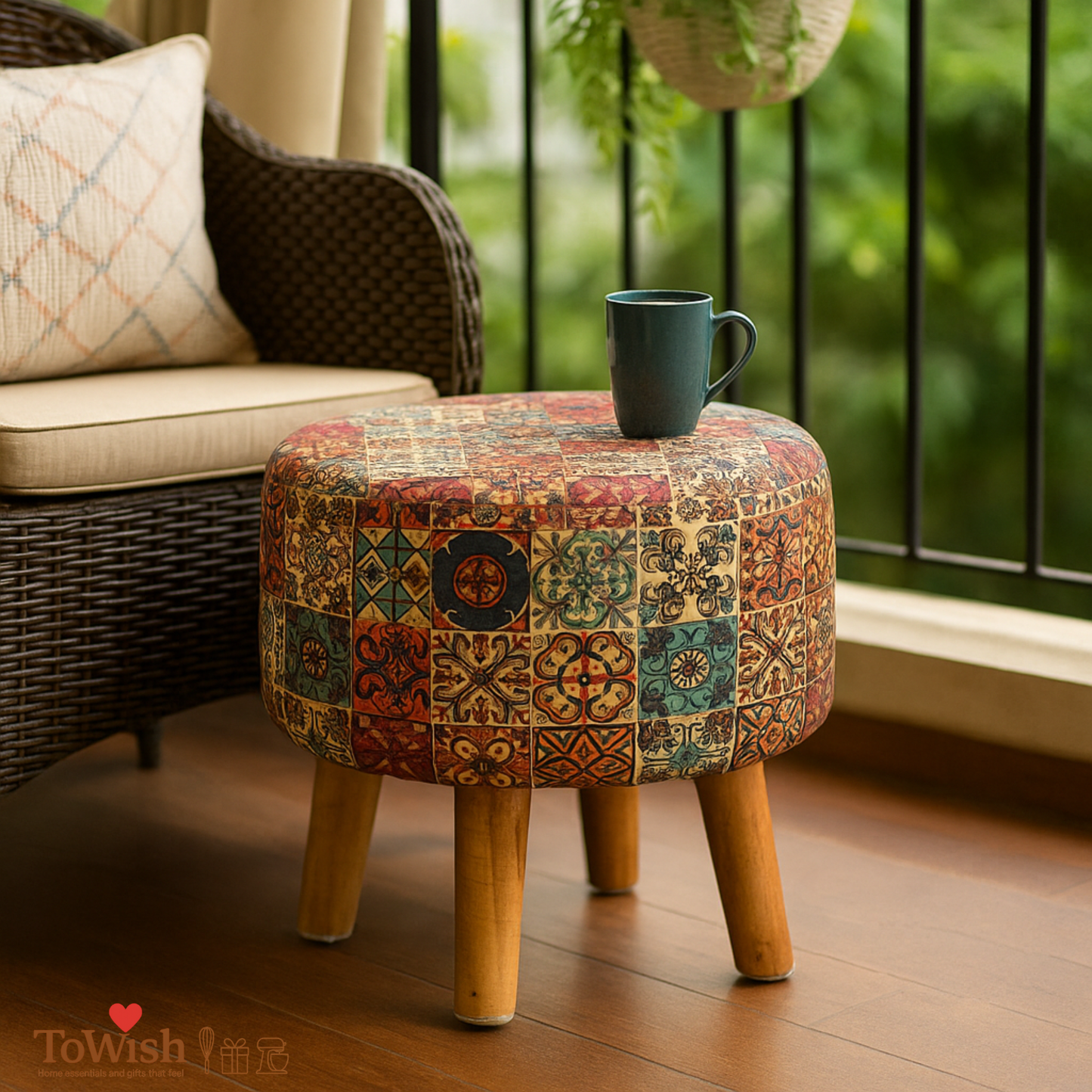 Warli Ottoman Stool - Printed (Height-17" Inch x Diameter-16" Inch), Premium Quality