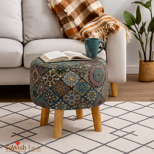 Warli Ottoman Stool - Printed (Height-16" Inch x Diameter-16" Inch), Premium Quality