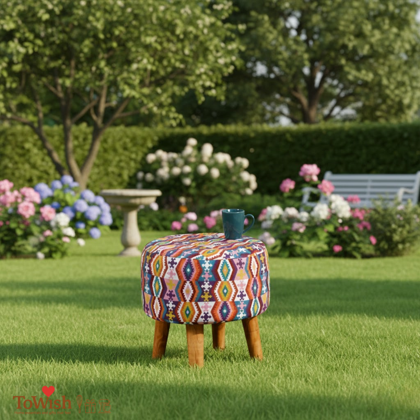 Warli Ottoman Stool - Printed (Height-16" Inch x Diameter-16" Inch), Premium Quality