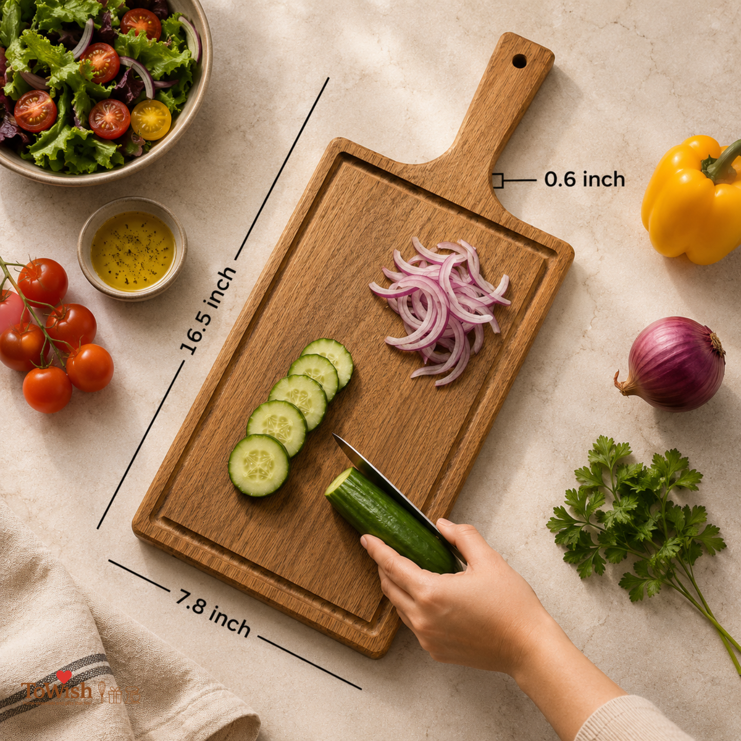 Acacia Wood Chopping Board with Handle & Juice Groove | Natural Grain Cutting & Serving Board | 16.5 × 7.8 Inch