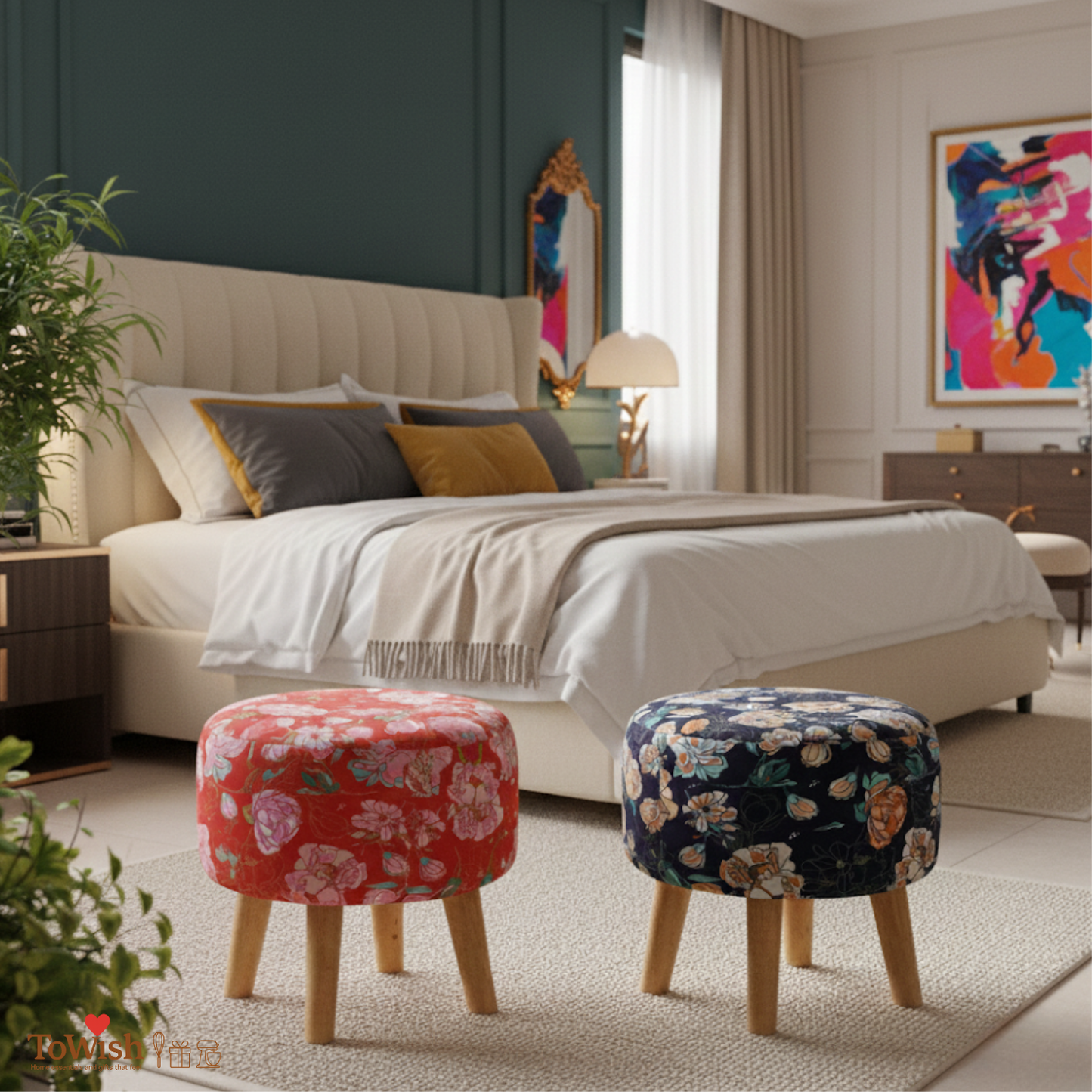 Warli Ottoman Stool - Set of 2 (Height-16" Inch x Diameter-16" Inch), Premium Quality