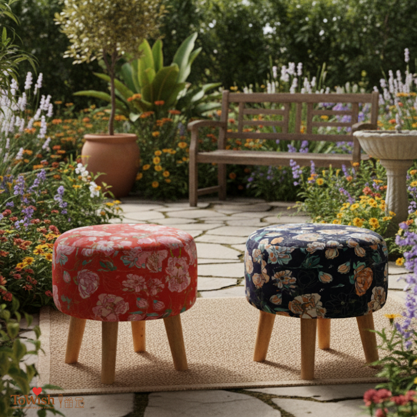 Warli Ottoman Stool - Set of 2 (Height-16" Inch x Diameter-16" Inch), Premium Quality