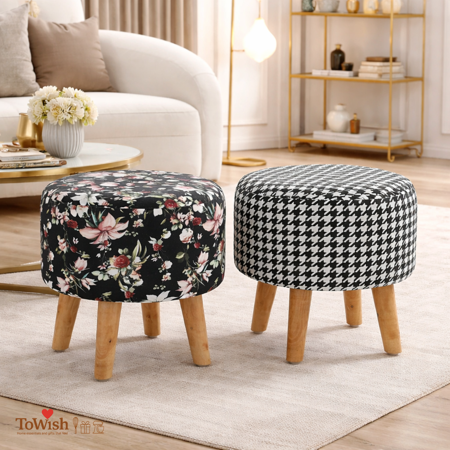 Warli Ottoman Stool - Set of 2 (Height-16" Inch x Diameter-16" Inch), Premium Quality