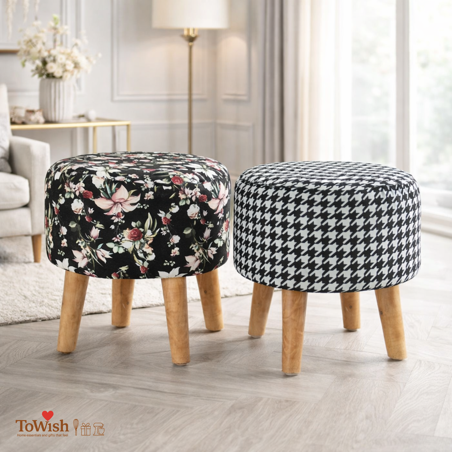 Warli Ottoman Stool - Set of 2 (Height-16" Inch x Diameter-16" Inch), Premium Quality