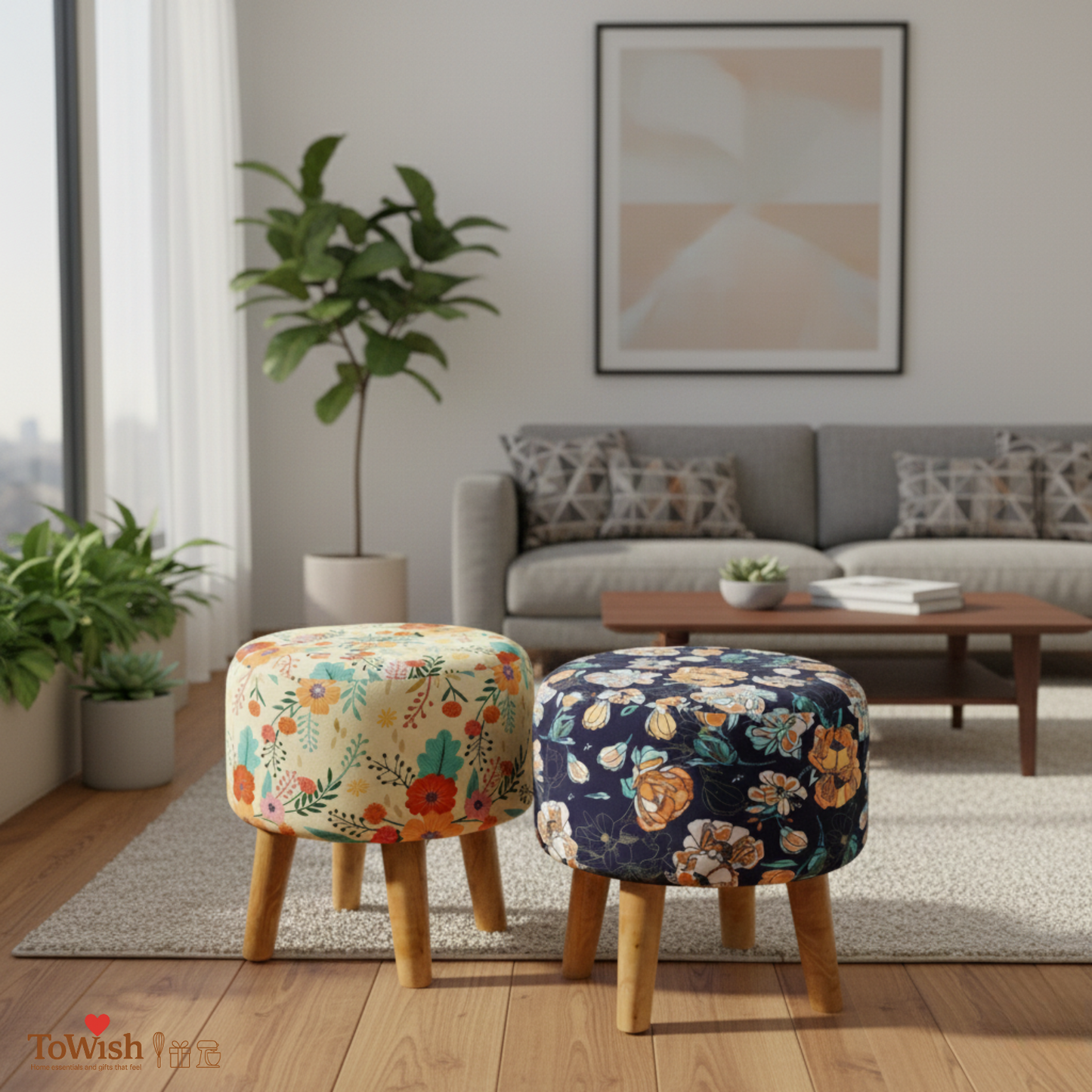 Warli Ottoman Stool - Set of 2 (Height-16" Inch x Diameter-16" Inch), Premium Quality
