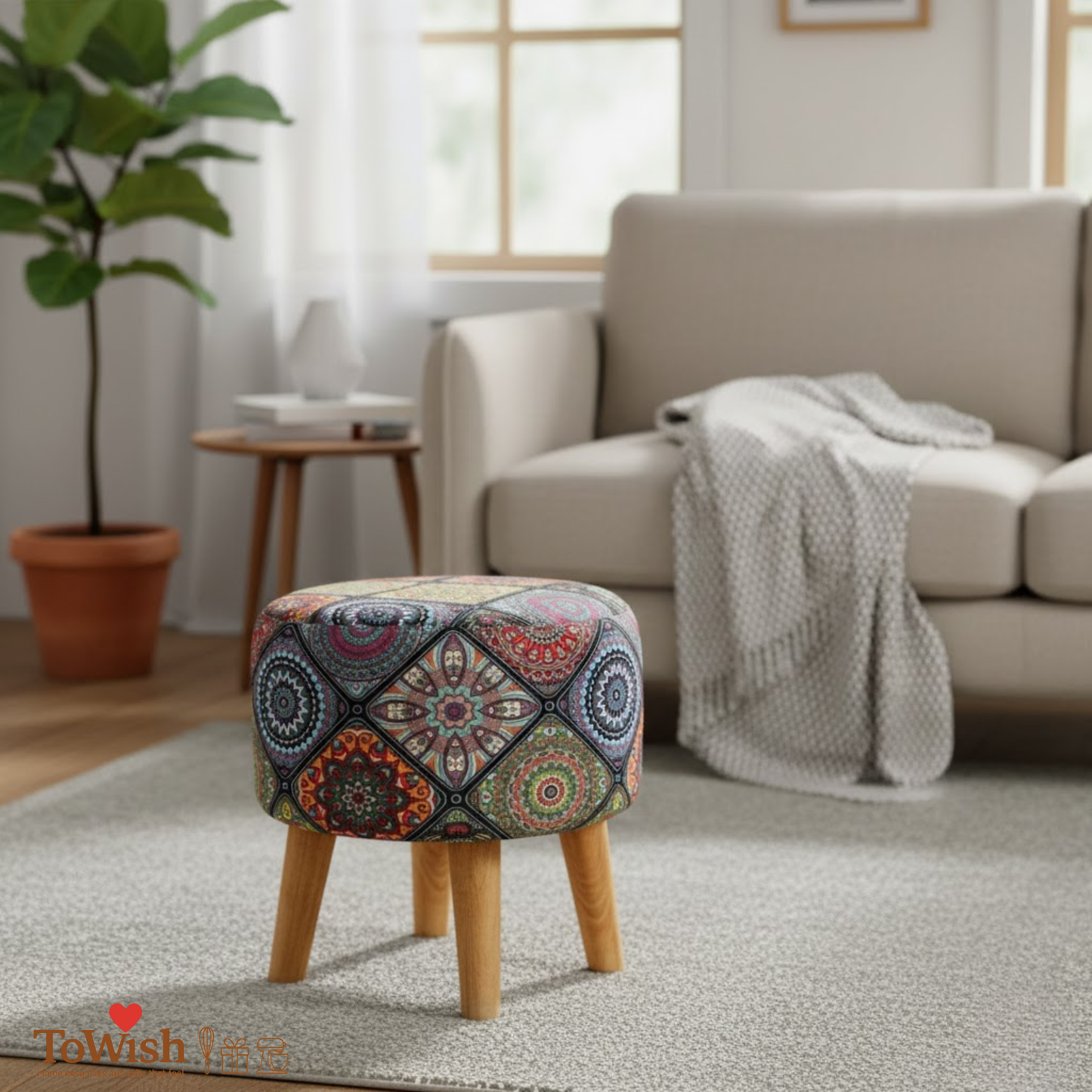 Warli Ottoman Stool - Printed (Height-17" Inch x Diameter-16" Inch), Premium Quality