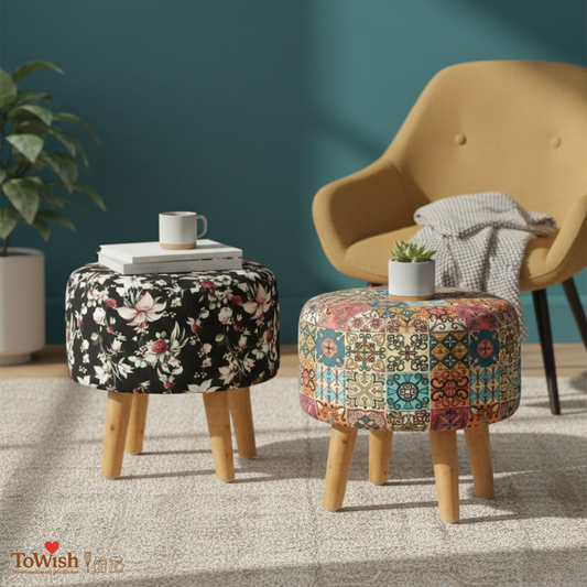 Warli Ottoman Stool - Set of 2 (Height-16" Inch x Diameter-16" Inch), Premium Quality