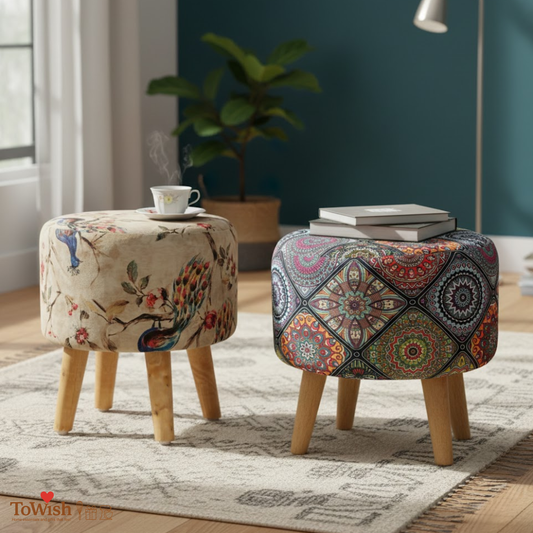 Warli Ottoman Stool - Set of 2 (Height-16" Inch x Diameter-16" Inch), Premium Quality