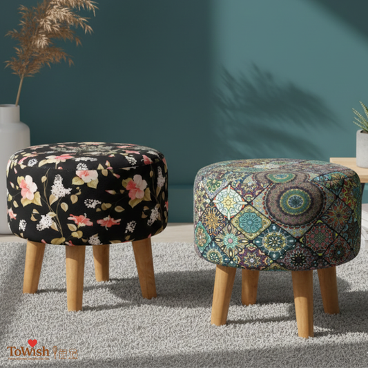 Warli Ottoman Stool - Set of 2 (Height-16" Inch x Diameter-16" Inch), Premium Quality