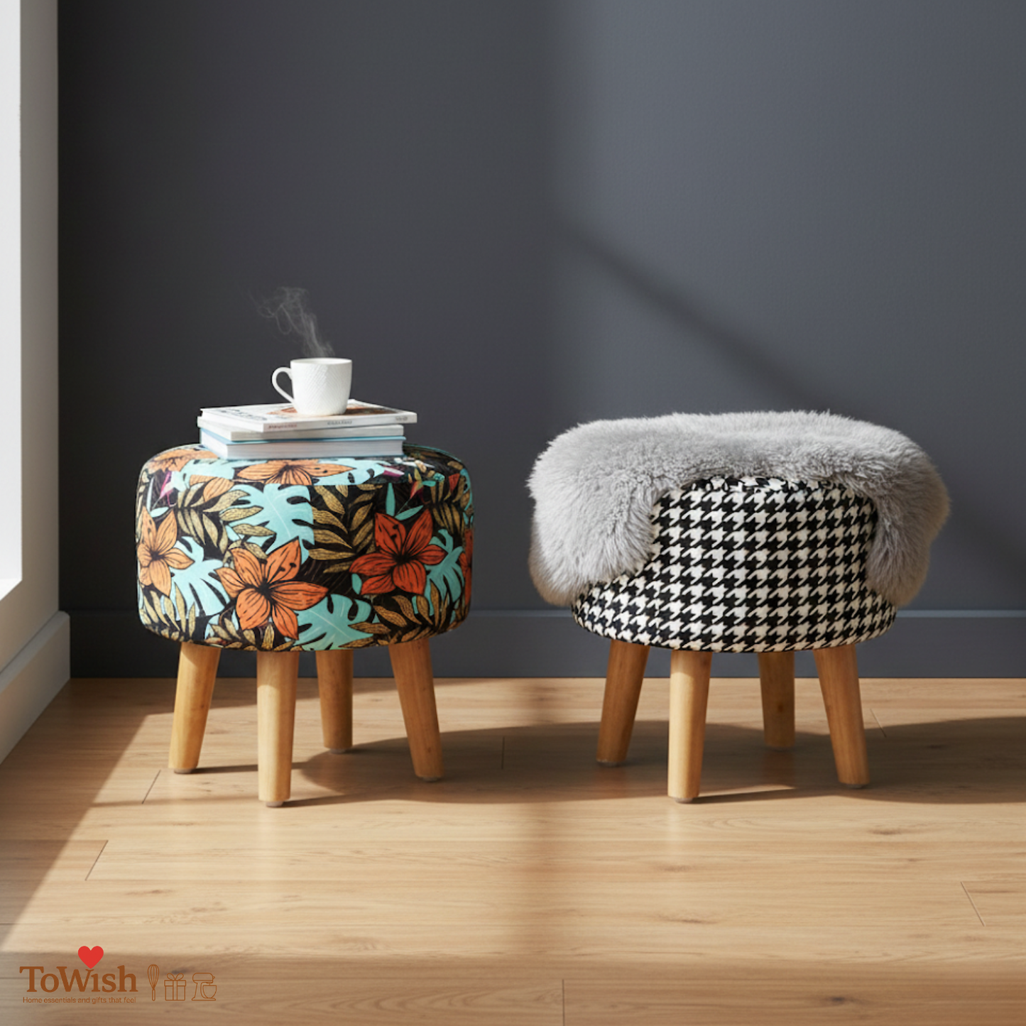 Warli Ottoman Stool - Set of 2 (Height-16" Inch x Diameter-16" Inch), Premium Quality