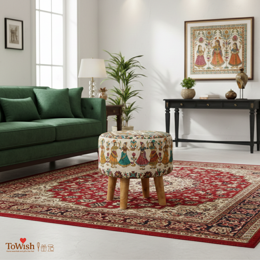 Limited Edition Designer Ottoman – Handcrafted with Premium Print (17” Height × 16” Diameter)