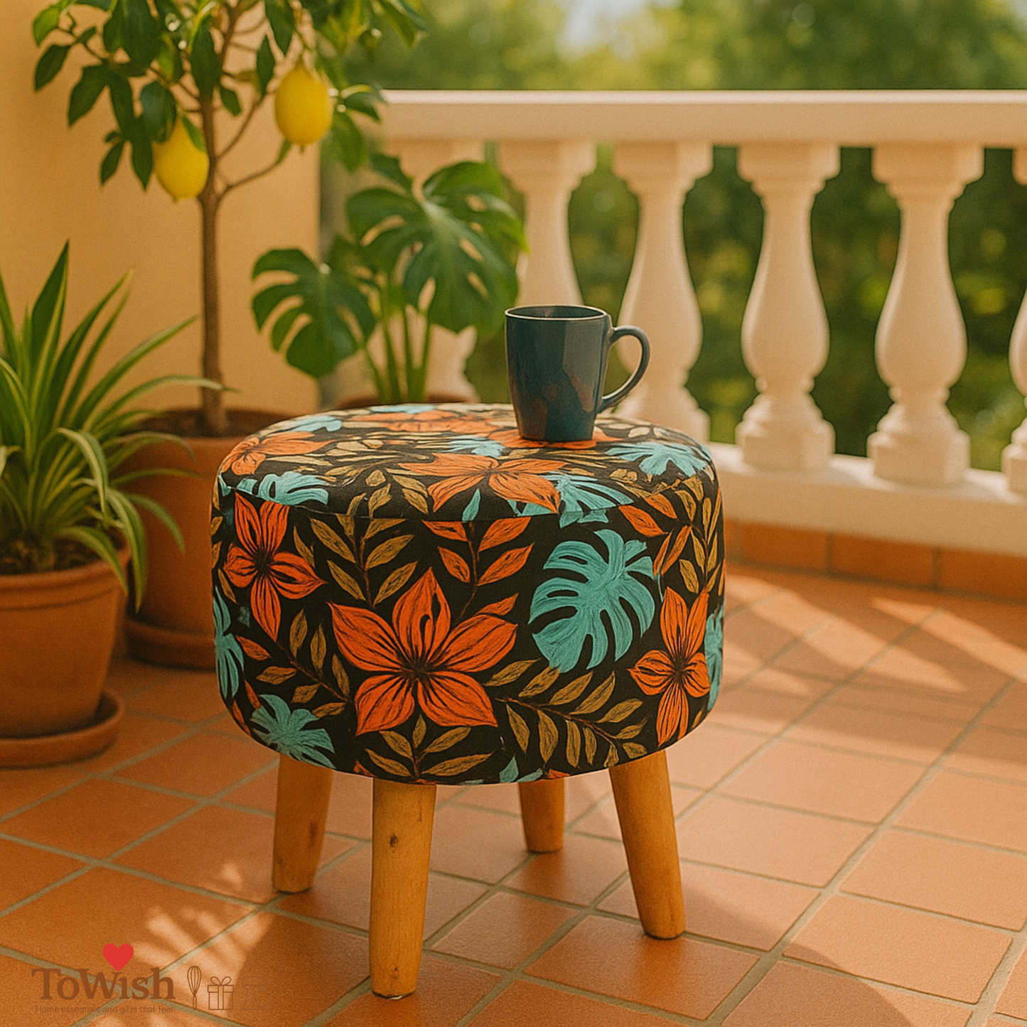 Warli Ottoman Stool - Printed (Height-16" Inch x Diameter-16" Inch), Premium Quality