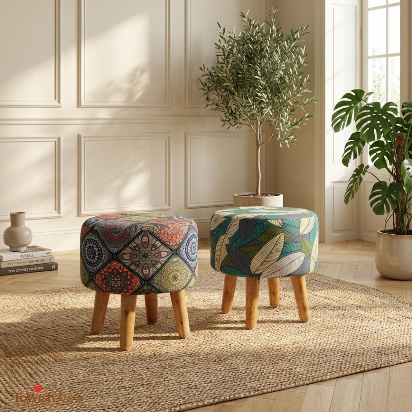 Warli Ottoman Stool - Set of 2 (Height-16" Inch x Diameter-16" Inch), Premium Quality