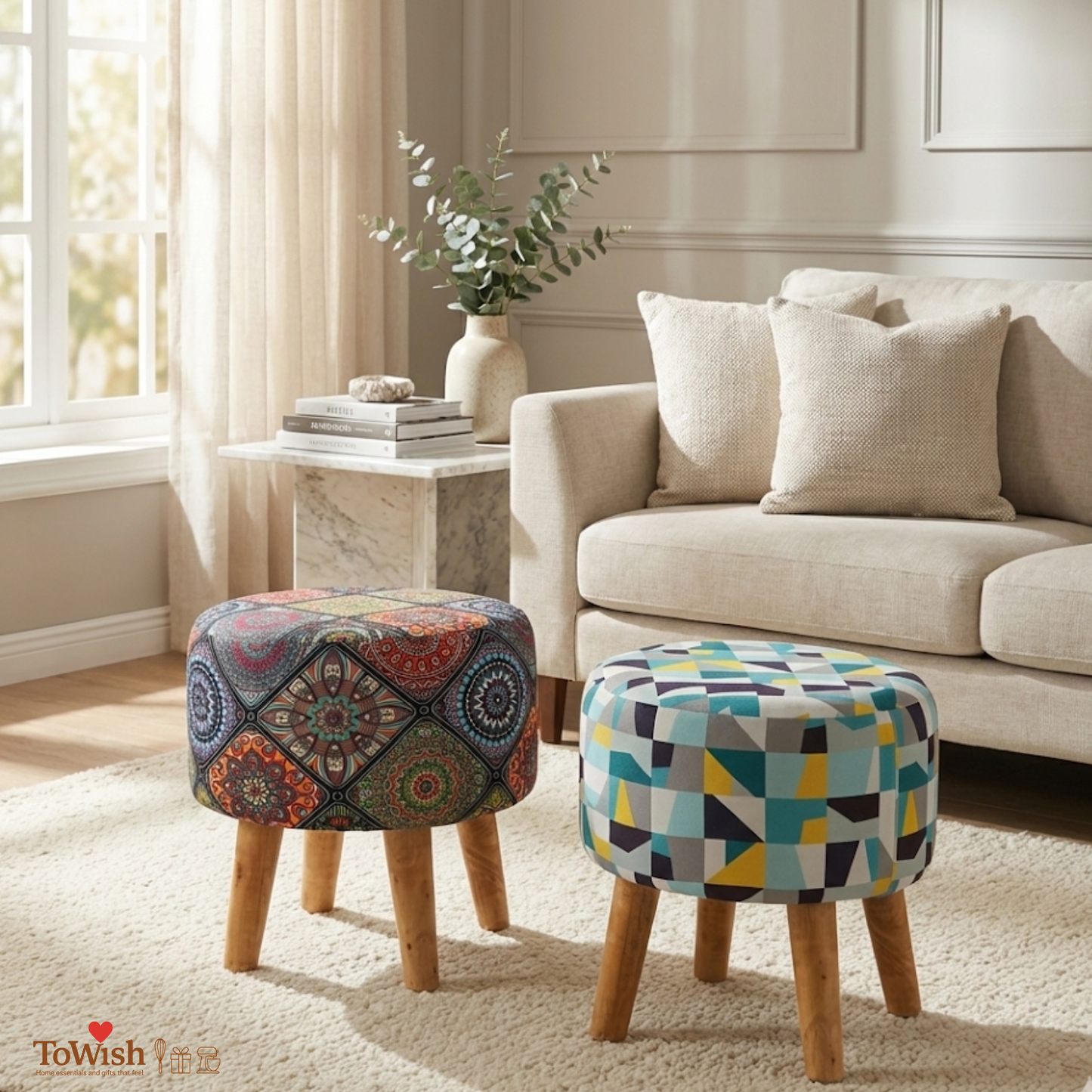 Warli Ottoman Stool - Set of 2 (Height-16" Inch x Diameter-16" Inch), Premium Quality