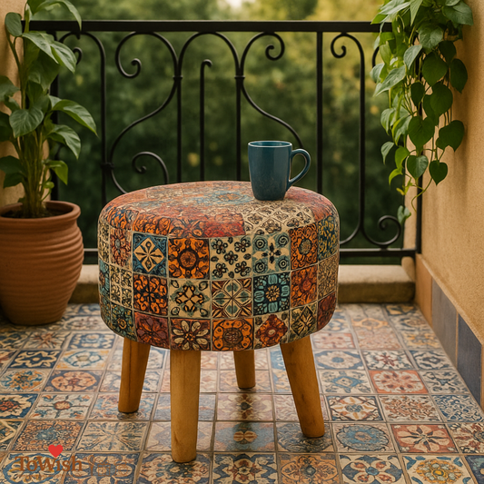 Warli Ottoman Stool - Printed (Height-17" Inch x Diameter-16" Inch), Premium Quality