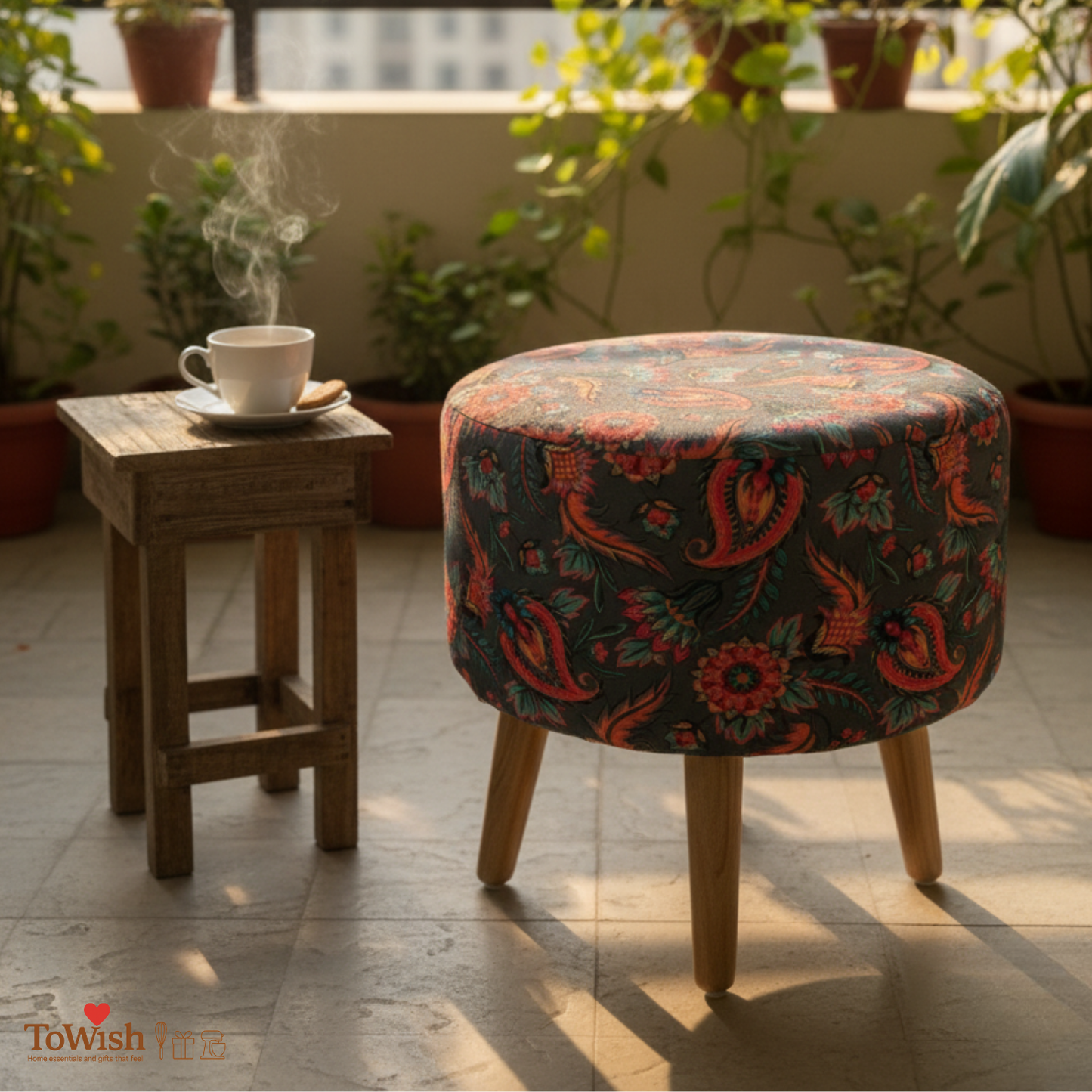 Warli Ottoman Stool - Printed (Height-16" Inch x Diameter-16" Inch), Premium Quality