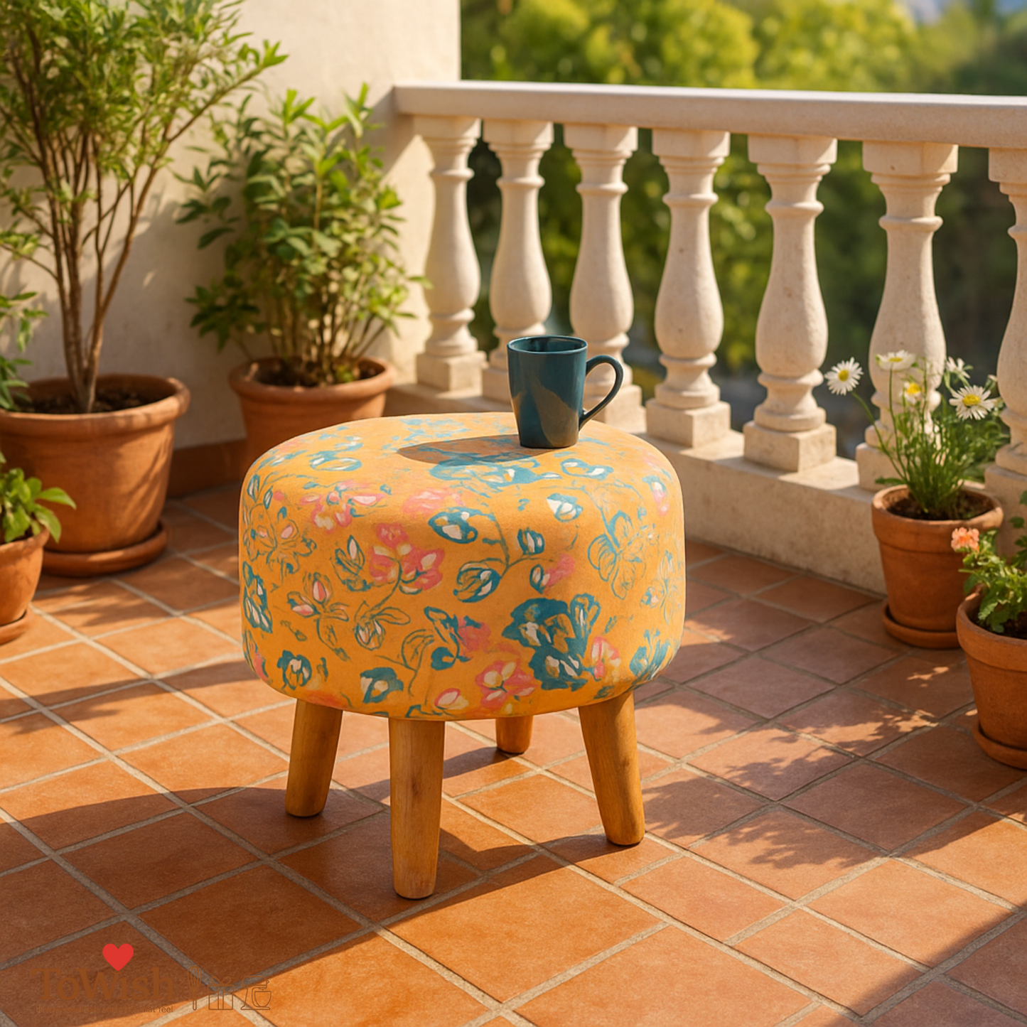 Warli Ottoman Stool - Printed (Height-17" Inch x Diameter-16" Inch), Premium Quality