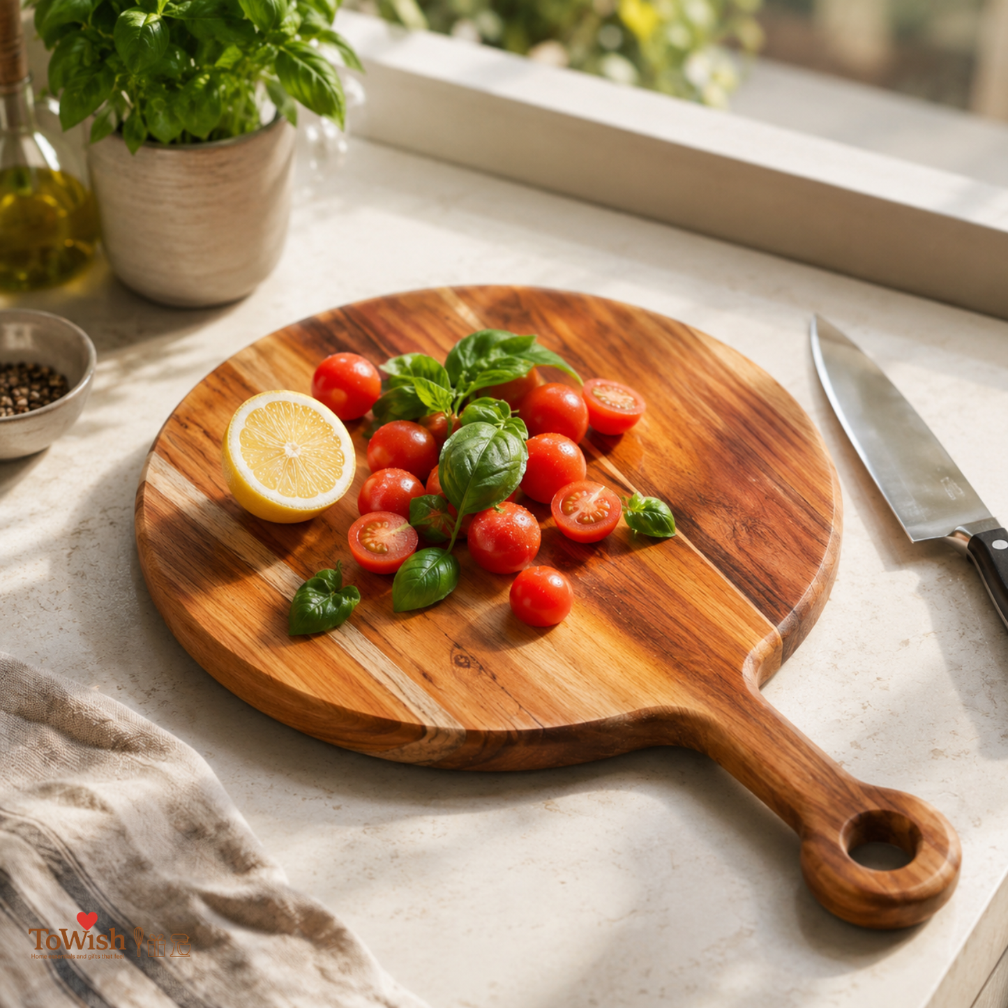 Premium Round Acacia Wood Chopping Board with Handle