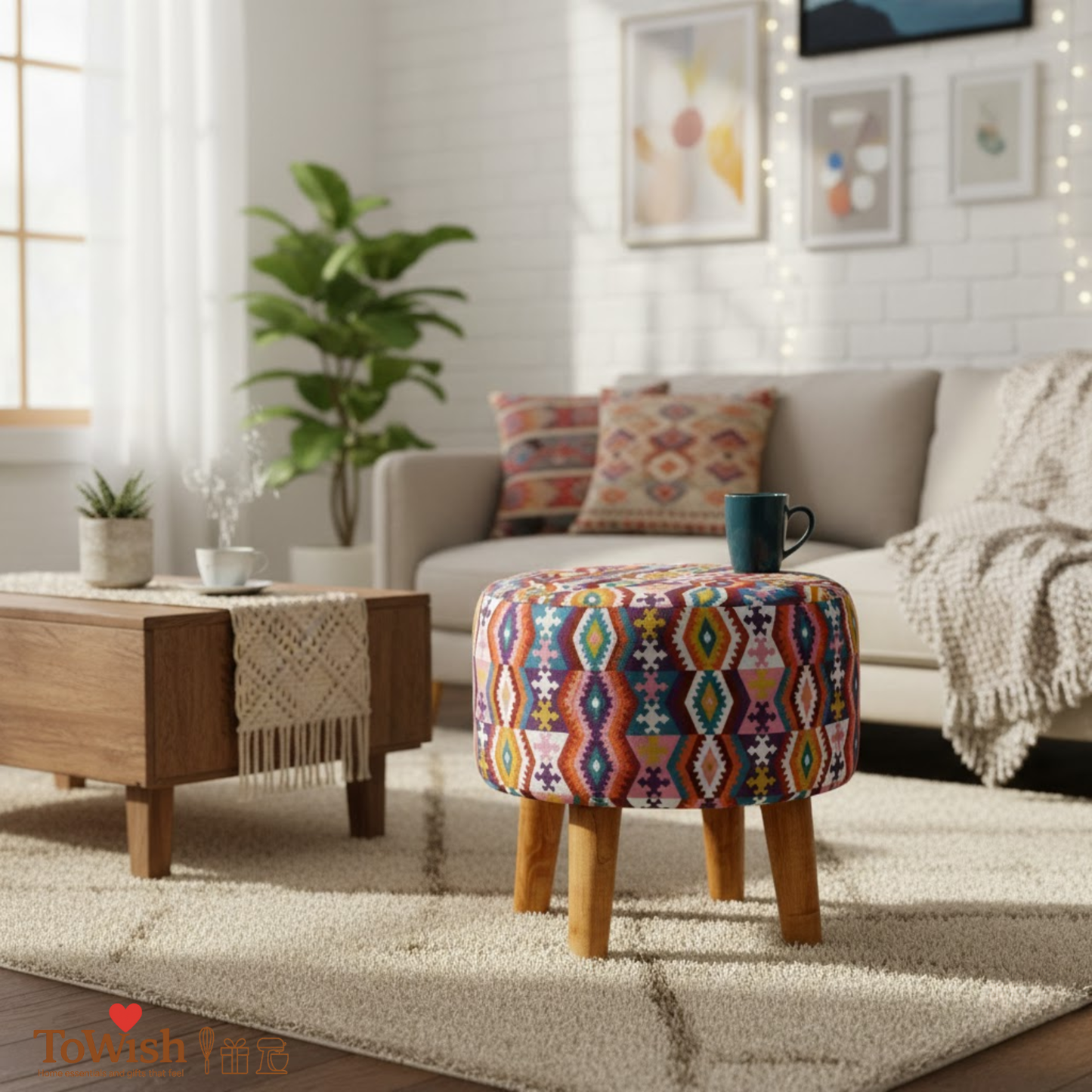 Warli Ottoman Stool - Printed (Height-16" Inch x Diameter-16" Inch), Premium Quality