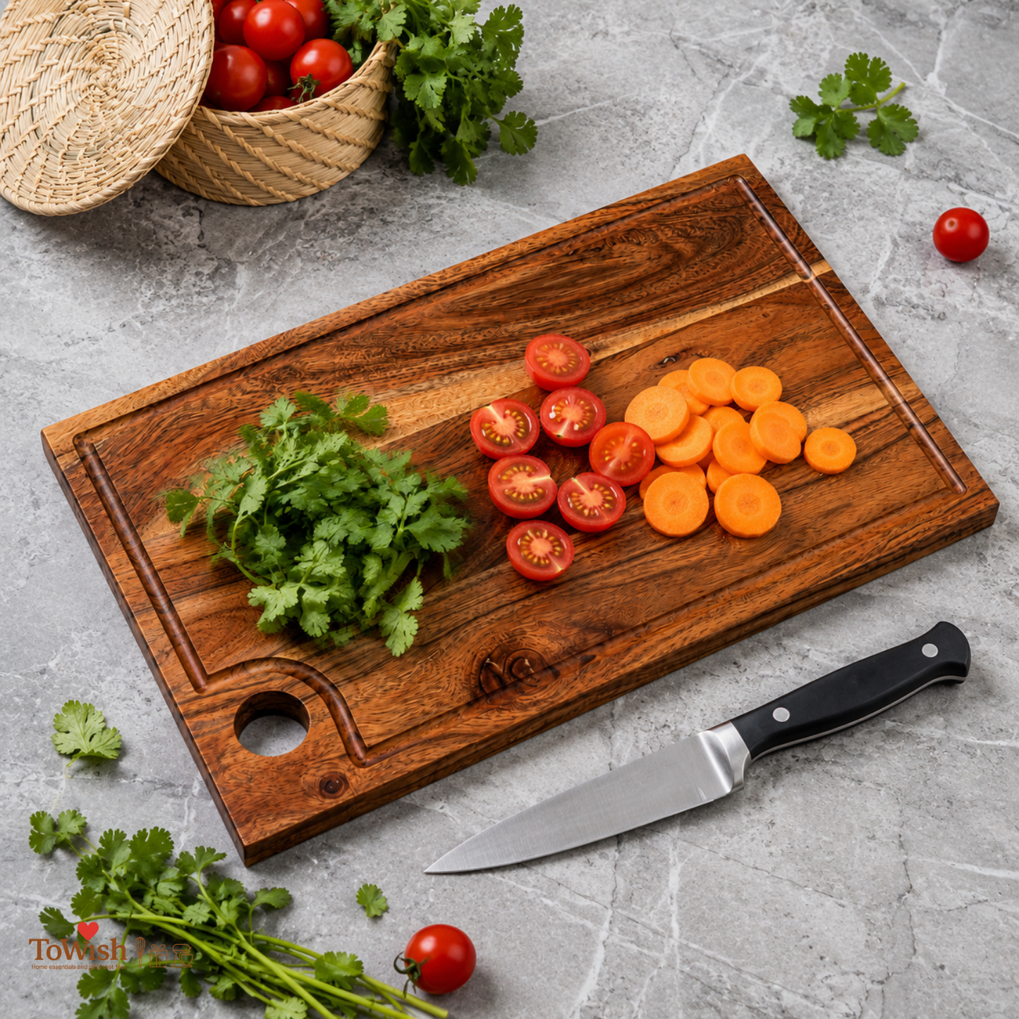 Acacia Wood Chopping Board with Juice Groove & Thumb Hole | Bold Natural Grain Cutting & Serving Board | 16 × 9 Inch