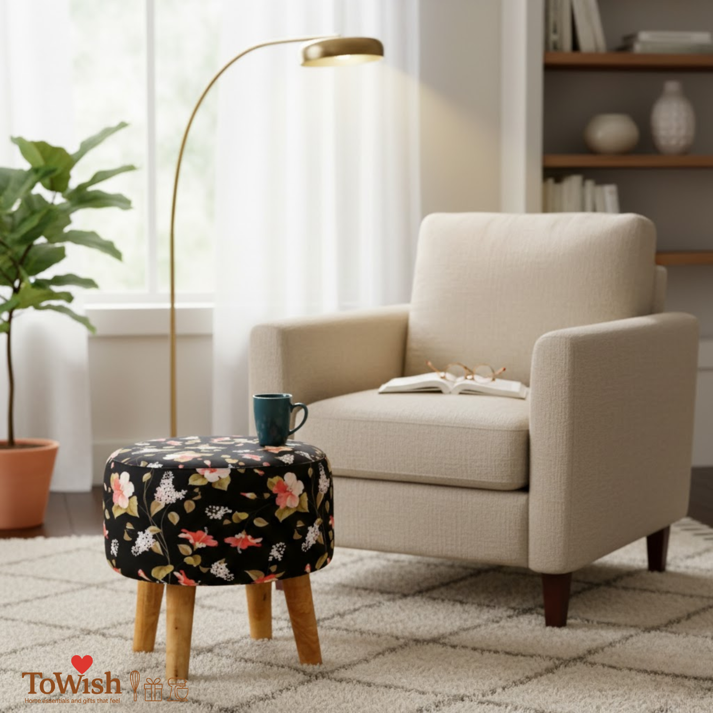 Warli Ottoman Stool - Printed (Height-16" Inch x Diameter-16" Inch), Premium Quality