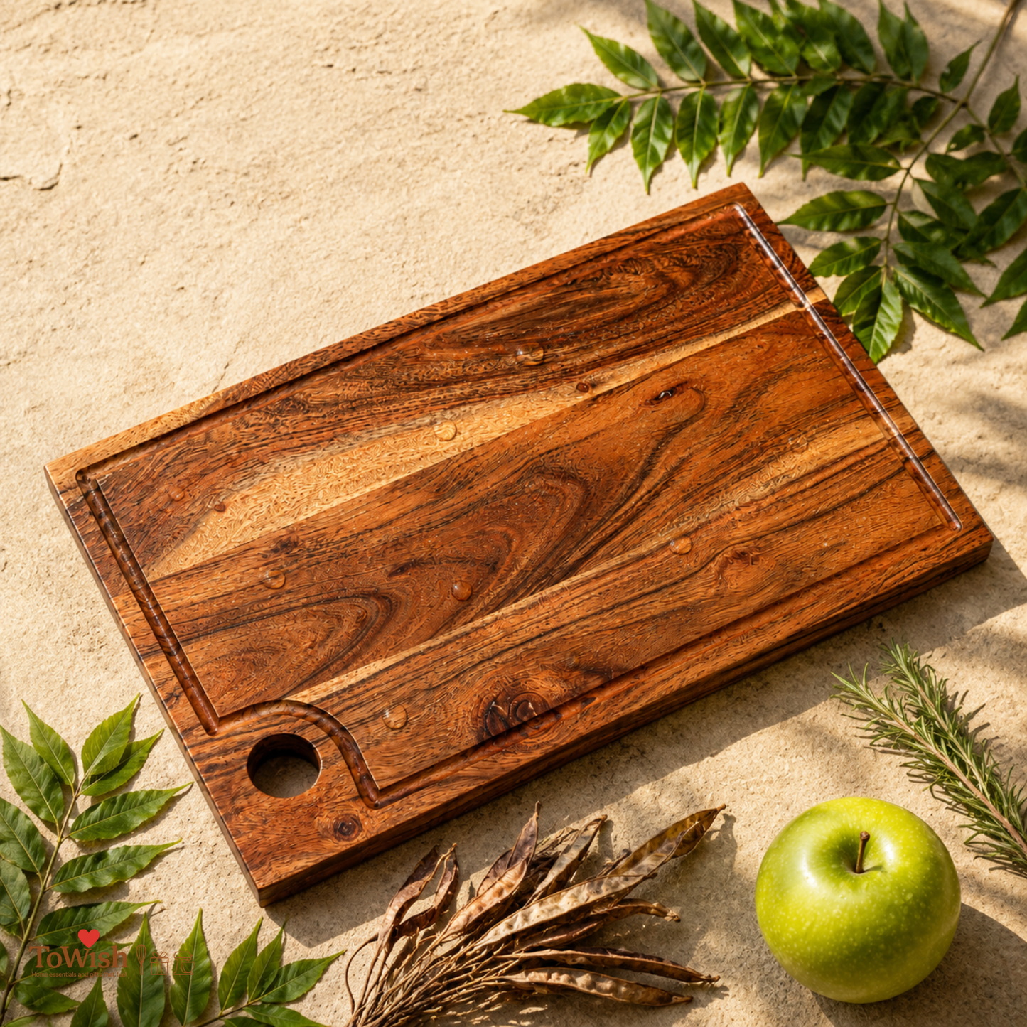 Acacia Wood Chopping Board with Juice Groove & Thumb Hole | Bold Natural Grain Cutting & Serving Board | 16 × 9 Inch