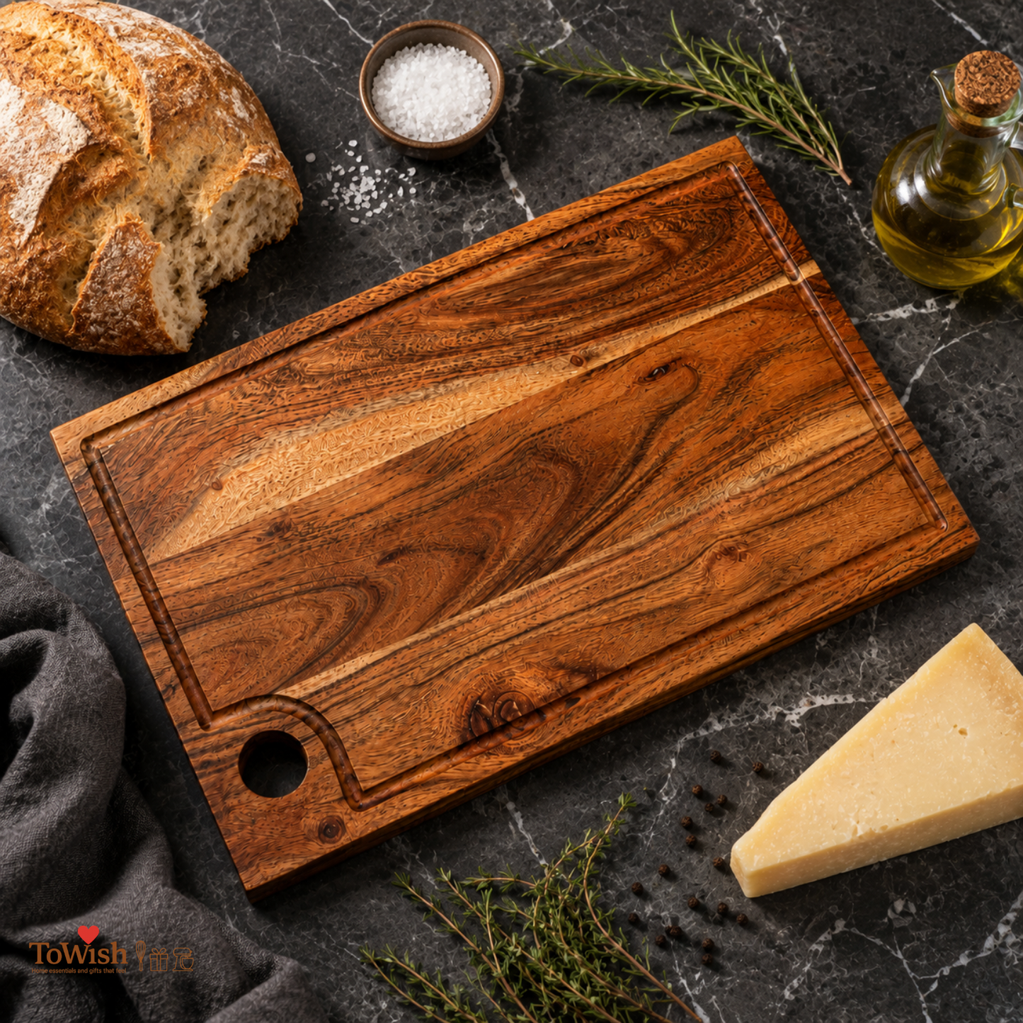 Acacia Wood Chopping Board with Juice Groove & Thumb Hole | Bold Natural Grain Cutting & Serving Board | 16 × 9 Inch