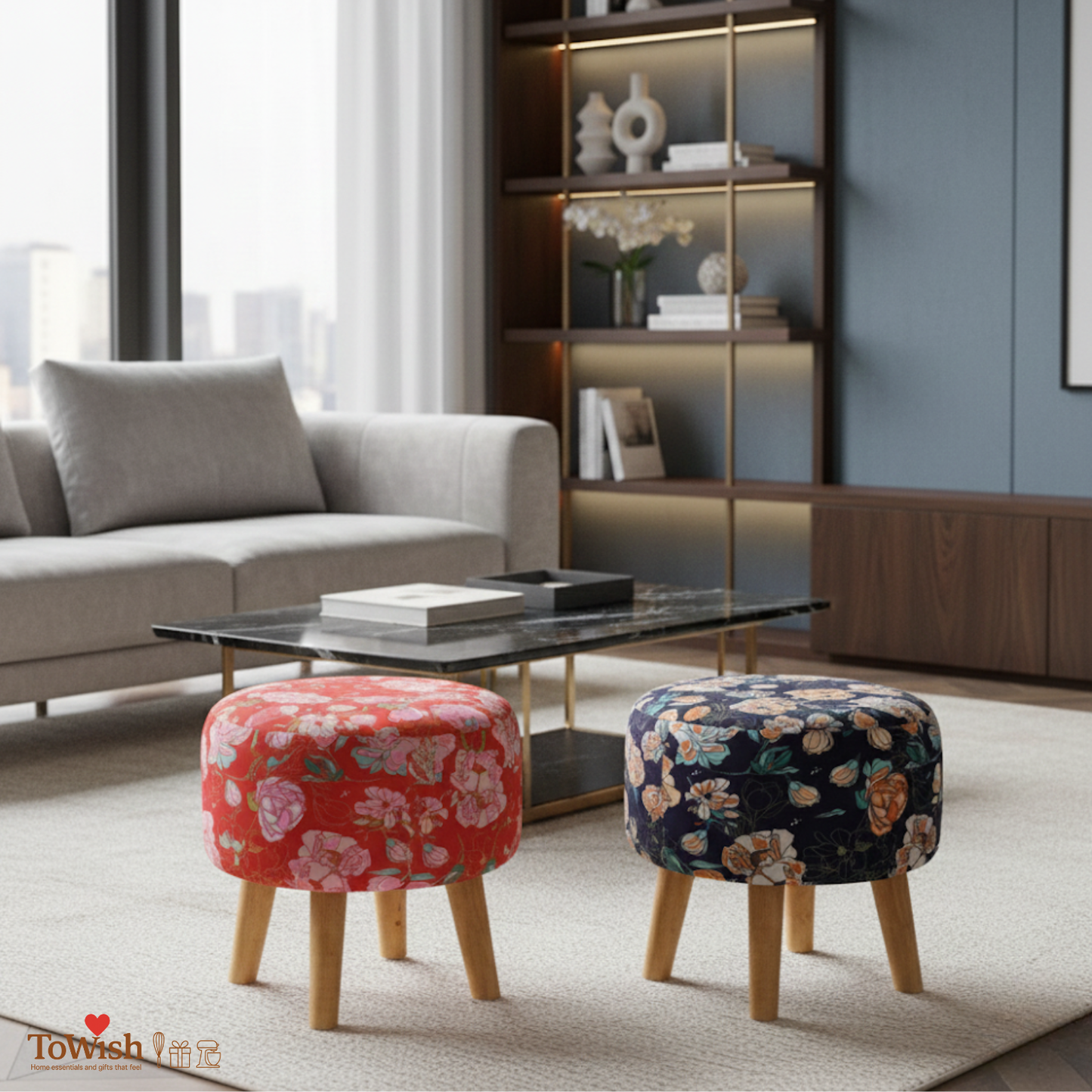 Warli Ottoman Stool - Set of 2 (Height-16" Inch x Diameter-16" Inch), Premium Quality