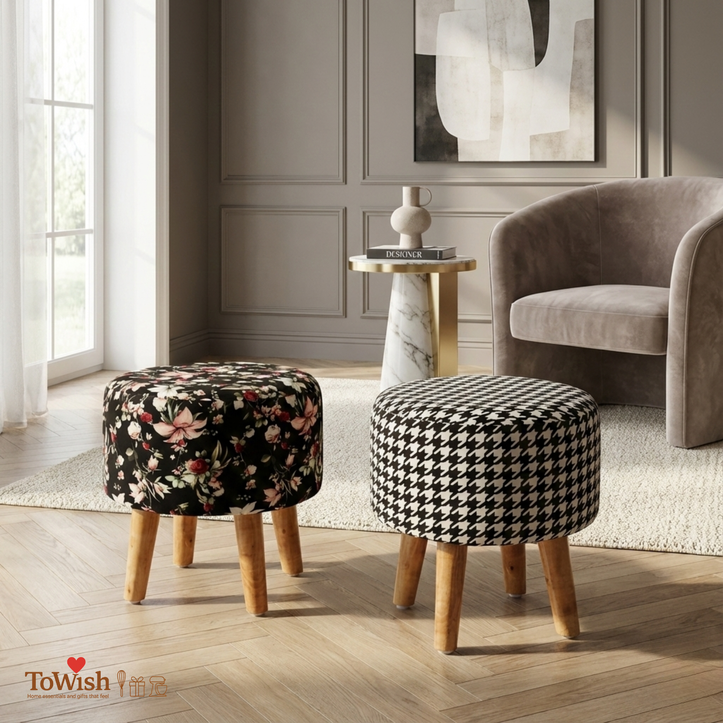 Warli Ottoman Stool - Set of 2 (Height-16" Inch x Diameter-16" Inch), Premium Quality