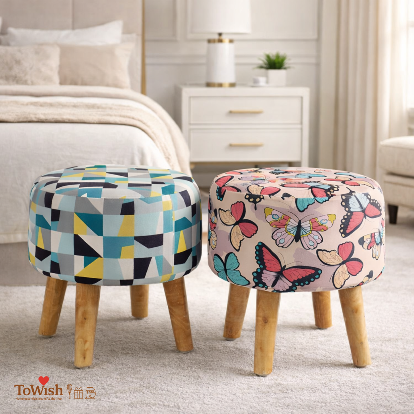 Warli Ottoman Stool - Set of 2 (Height-16" Inch x Diameter-16" Inch), Premium Quality