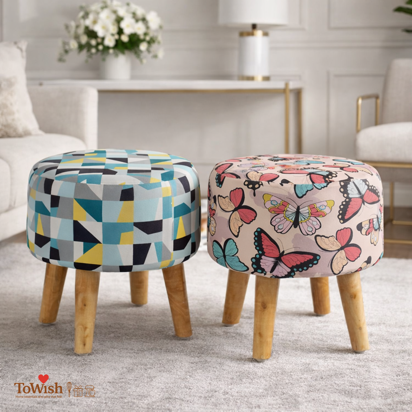 Warli Ottoman Stool - Set of 2 (Height-16" Inch x Diameter-16" Inch), Premium Quality
