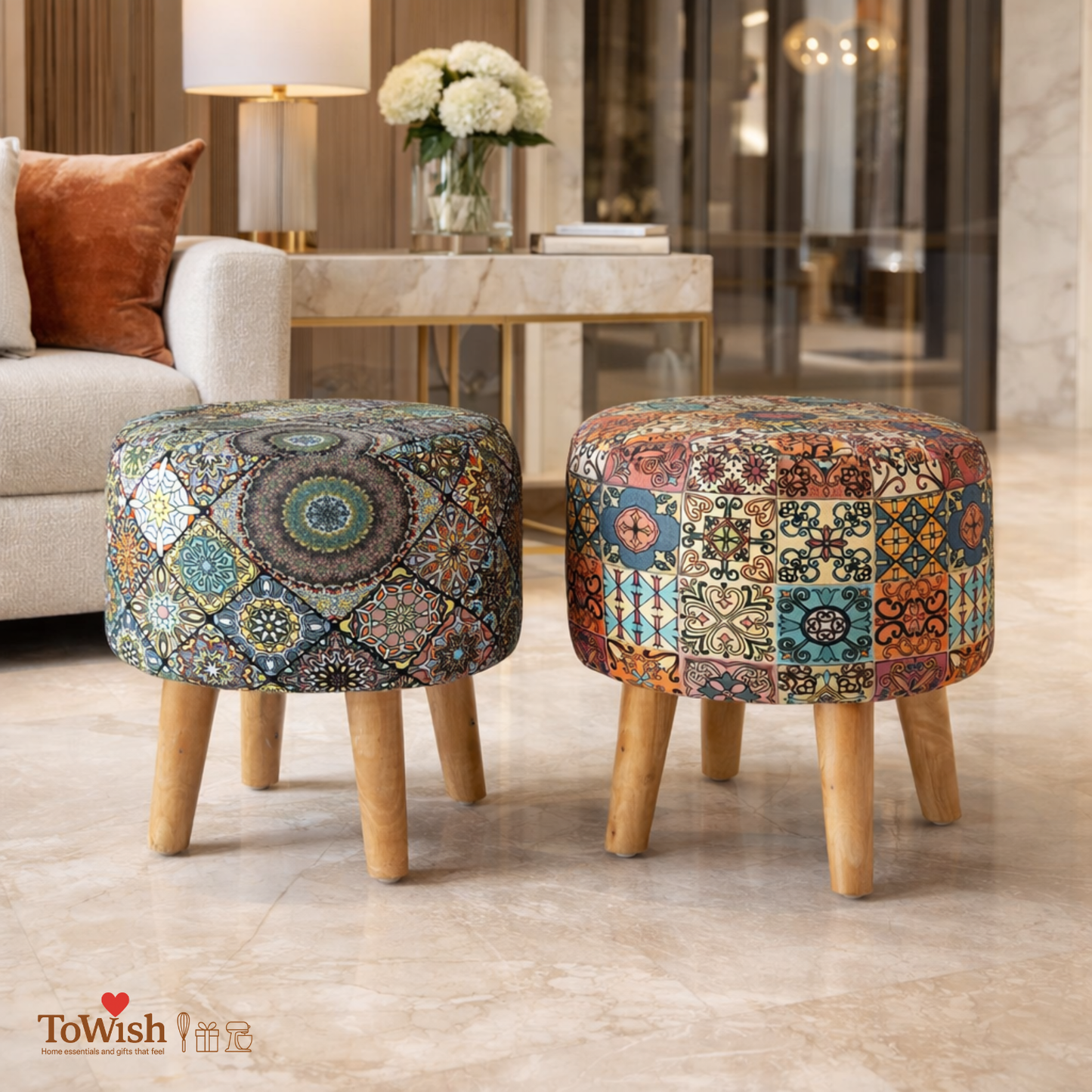 Warli Ottoman Stool - Set of 2 (Height-16" Inch x Diameter-16" Inch), Premium Quality