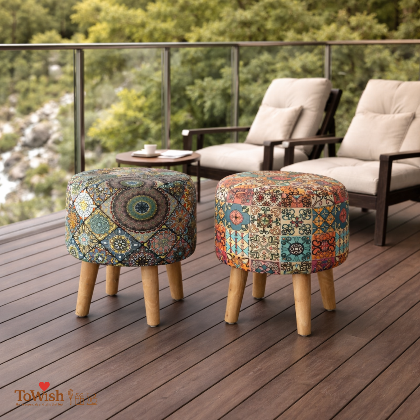 Warli Ottoman Stool - Set of 2 (Height-16" Inch x Diameter-16" Inch), Premium Quality