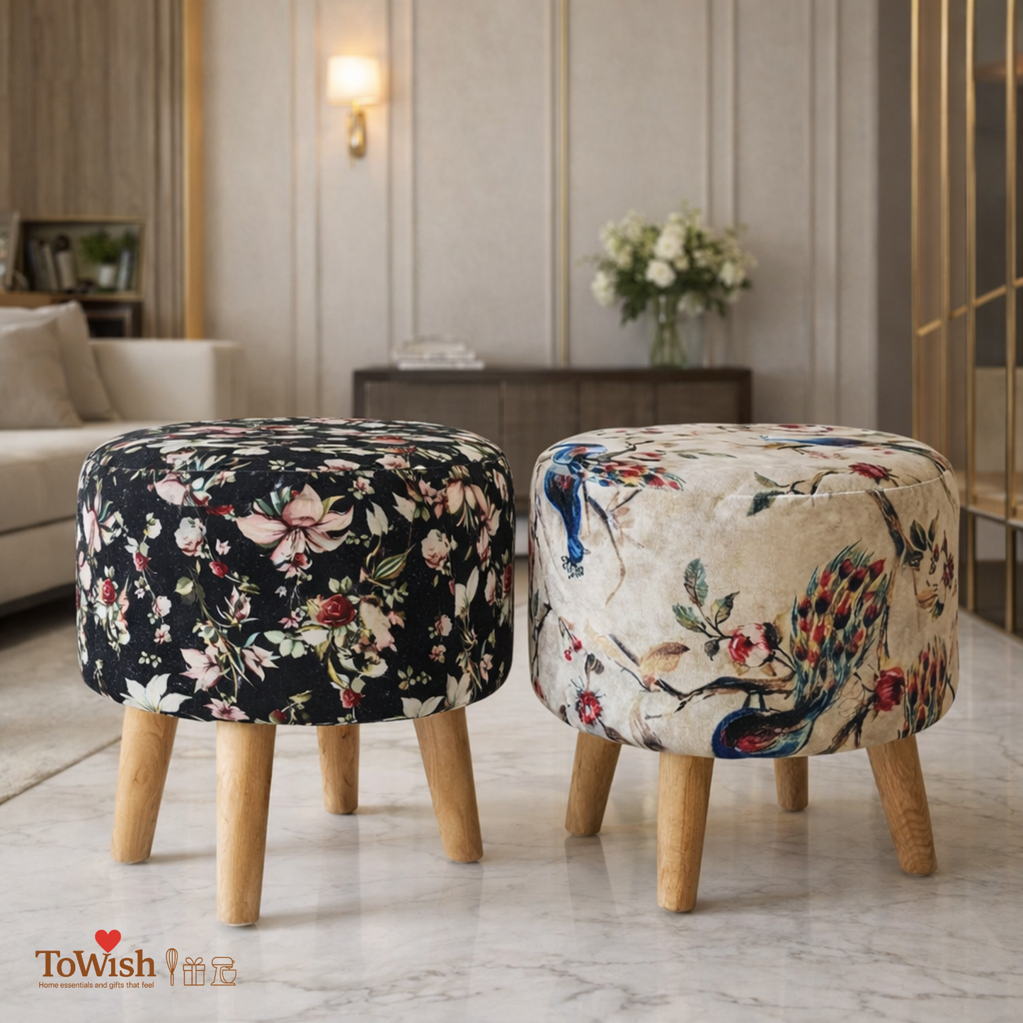 Warli Ottoman Stool - Set of 2 (Height-16" Inch x Diameter-16" Inch), Premium Quality