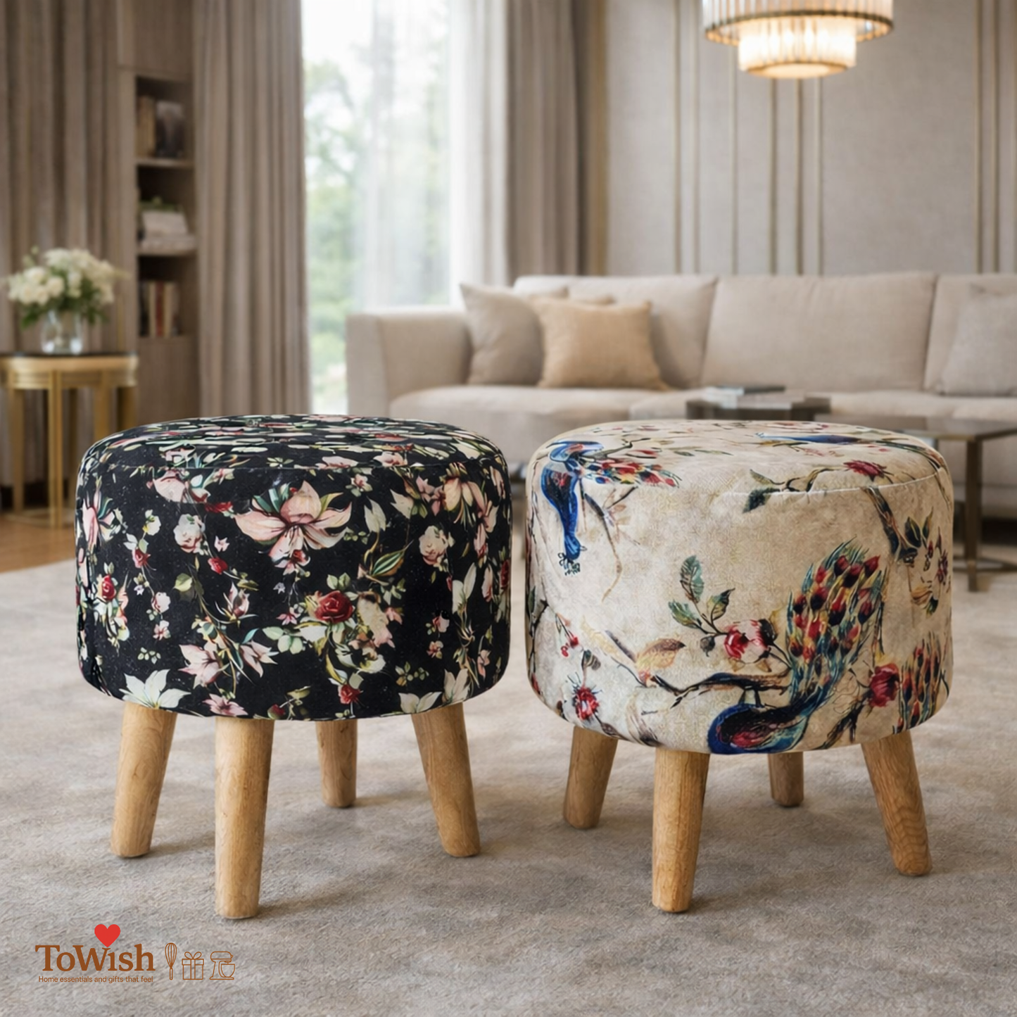 Warli Ottoman Stool - Set of 2 (Height-16" Inch x Diameter-16" Inch), Premium Quality
