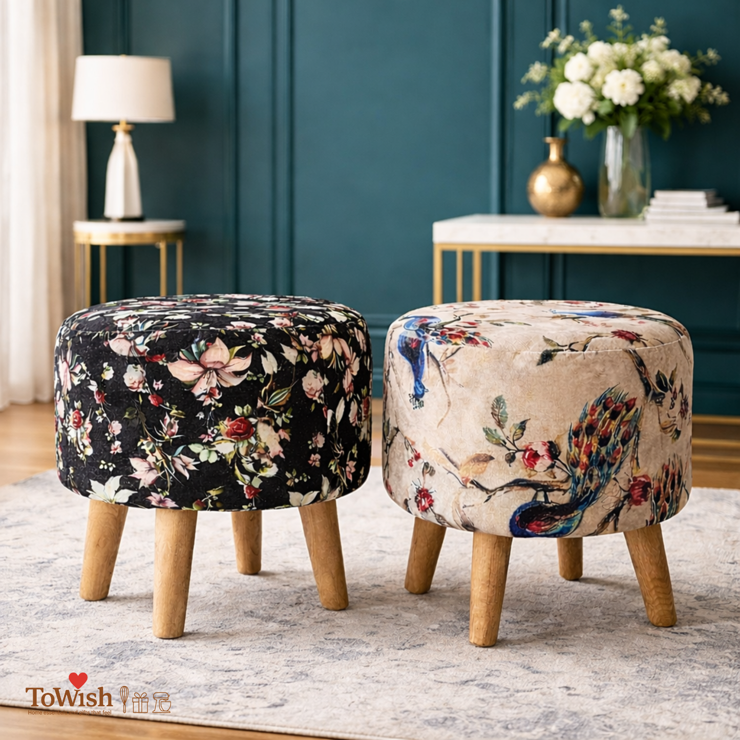 Warli Ottoman Stool - Set of 2 (Height-16" Inch x Diameter-16" Inch), Premium Quality
