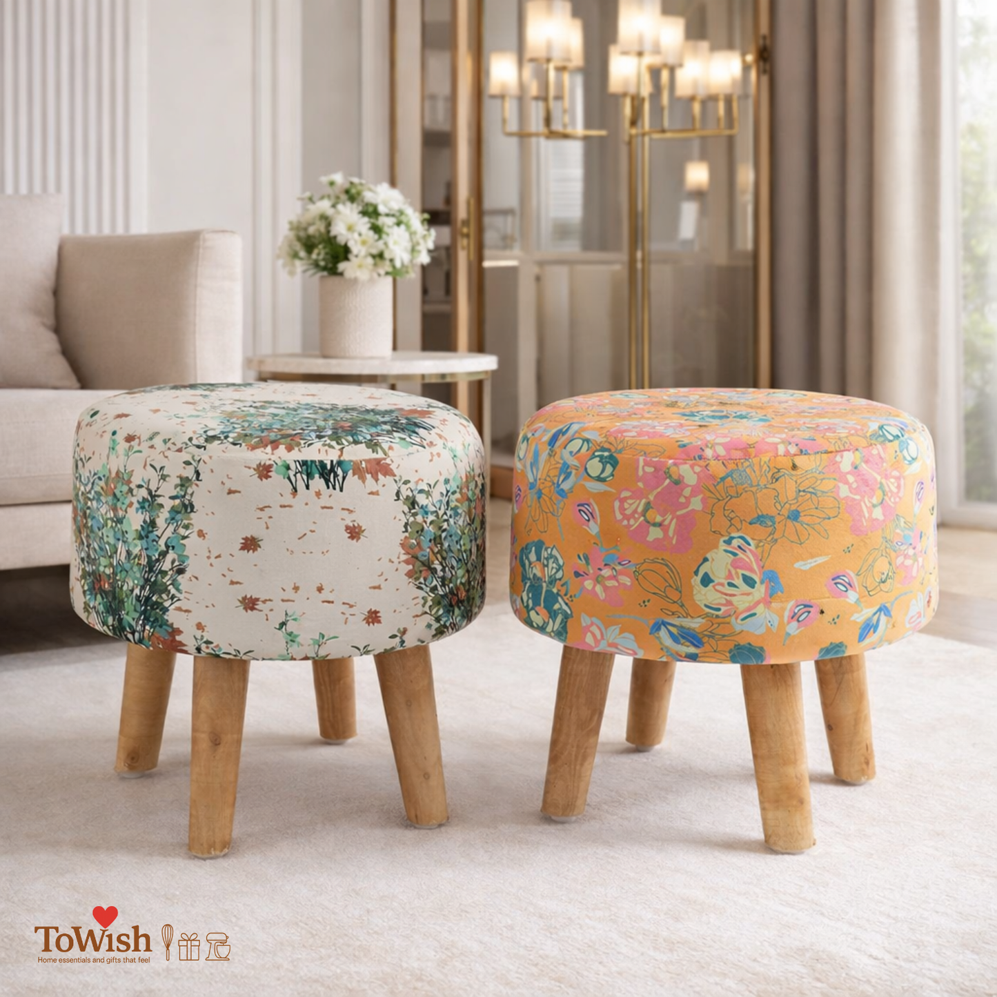 Warli Ottoman Stool - Set of 2 (Height-16" Inch x Diameter-16" Inch), Premium Quality