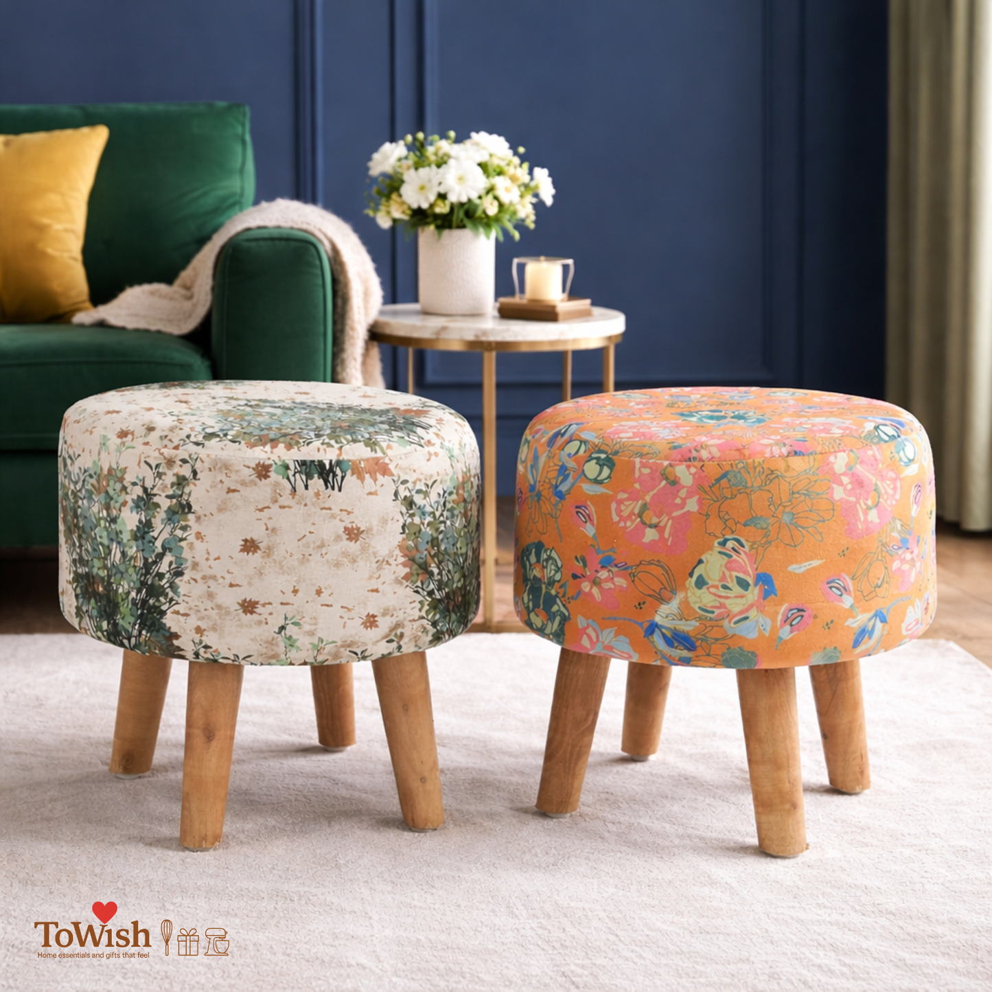 Warli Ottoman Stool - Set of 2 (Height-16" Inch x Diameter-16" Inch), Premium Quality