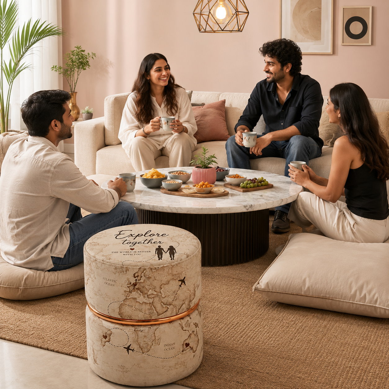 Explore Together World Map Stacked Round Ottoman Set – Premium Vintage Travel Couple Gift Pouf with Gold Ring
