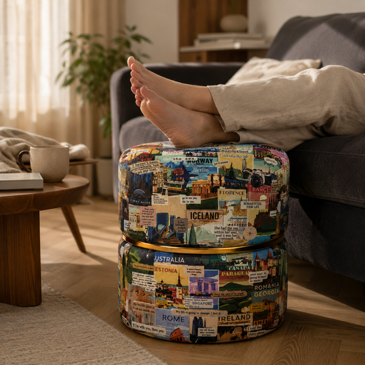 Wanderlust World Travel Print Round Ottoman Pouf | Gold Ring Accent | Premium Luxury Upholstery