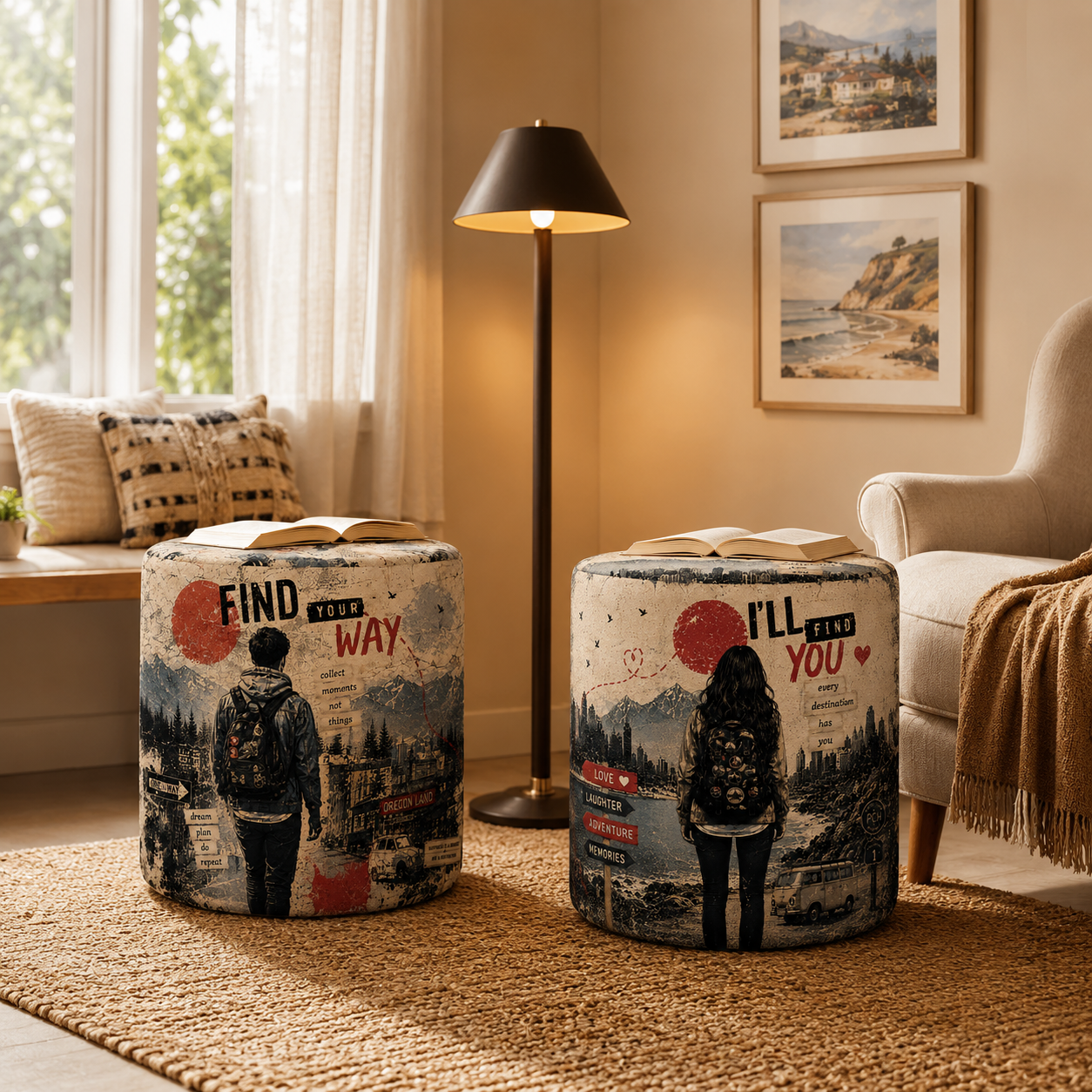 Wanderlust Couple Traveller Pouf Set of 2 | Premium Luxury Couple Adventure Pouf Pair