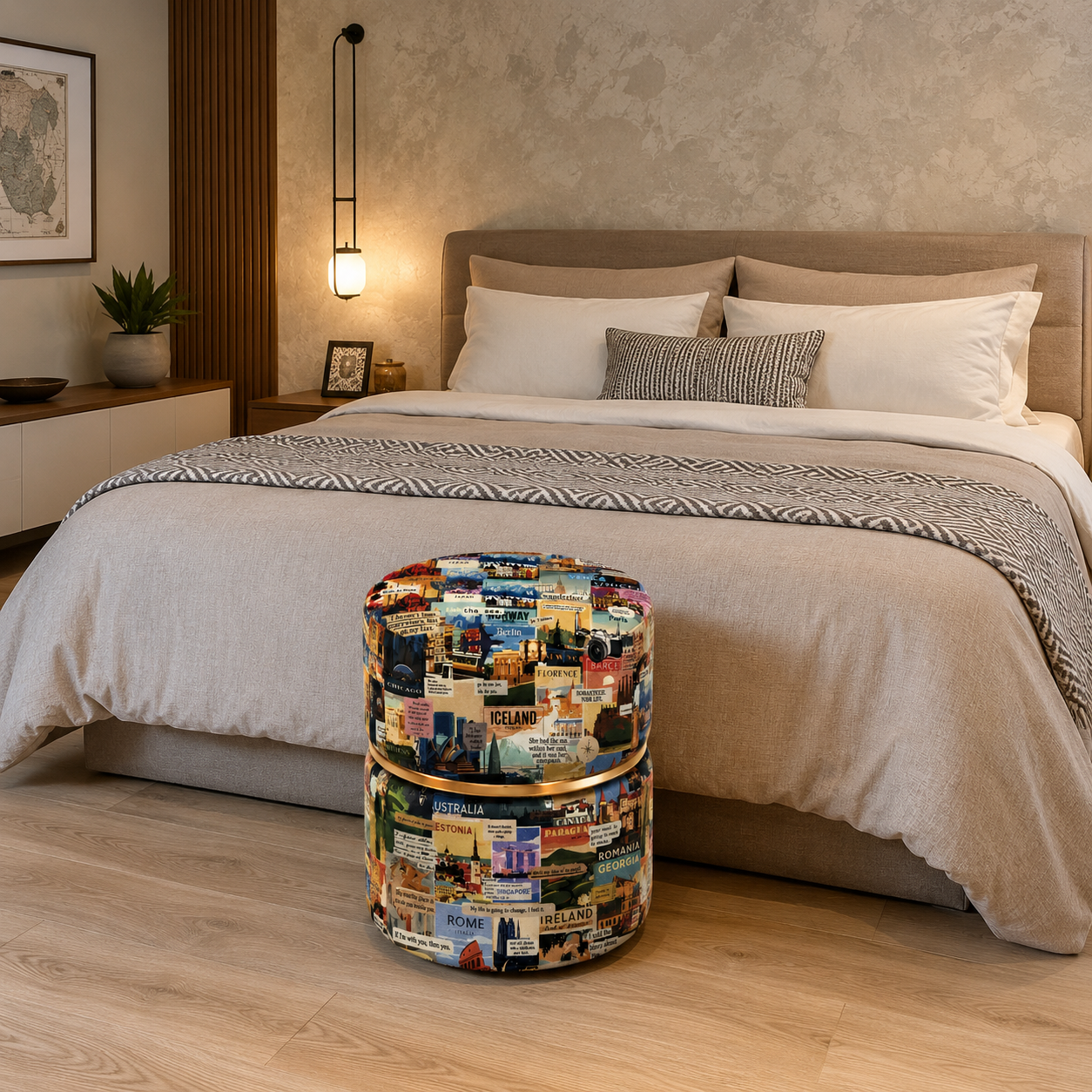 Wanderlust World Travel Print Round Ottoman Pouf | Gold Ring Accent | Premium Luxury Upholstery