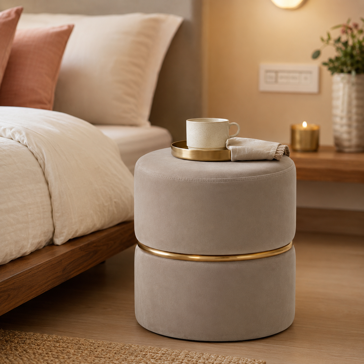 Velvet Round Ottoman with Gold Ring Band | Modern Premium Luxury Living Room Pouf